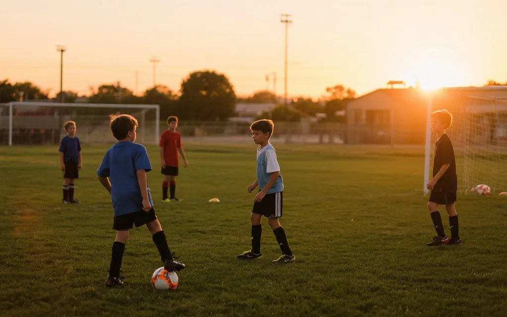 社区足球场上少年训练，夕阳逆光与观众看台，体现青少年足球与城市生活的连接