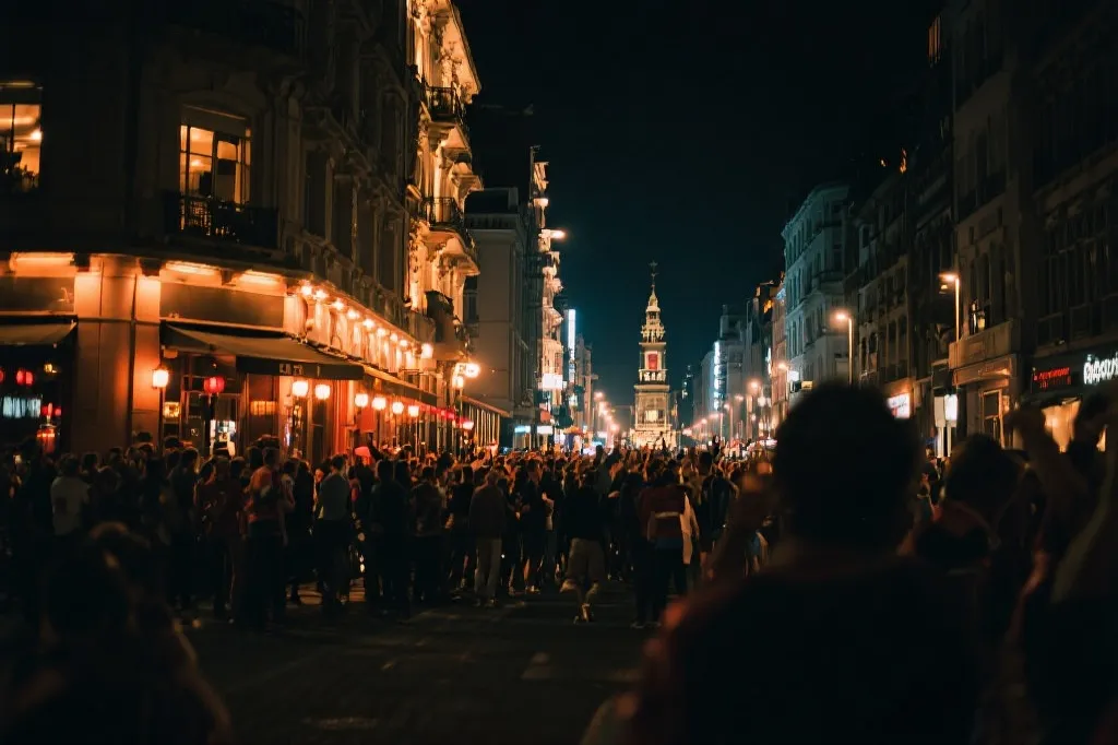 夜幕下的球迷在城市街区聚集庆祝，餐厅灯光与地标剪影