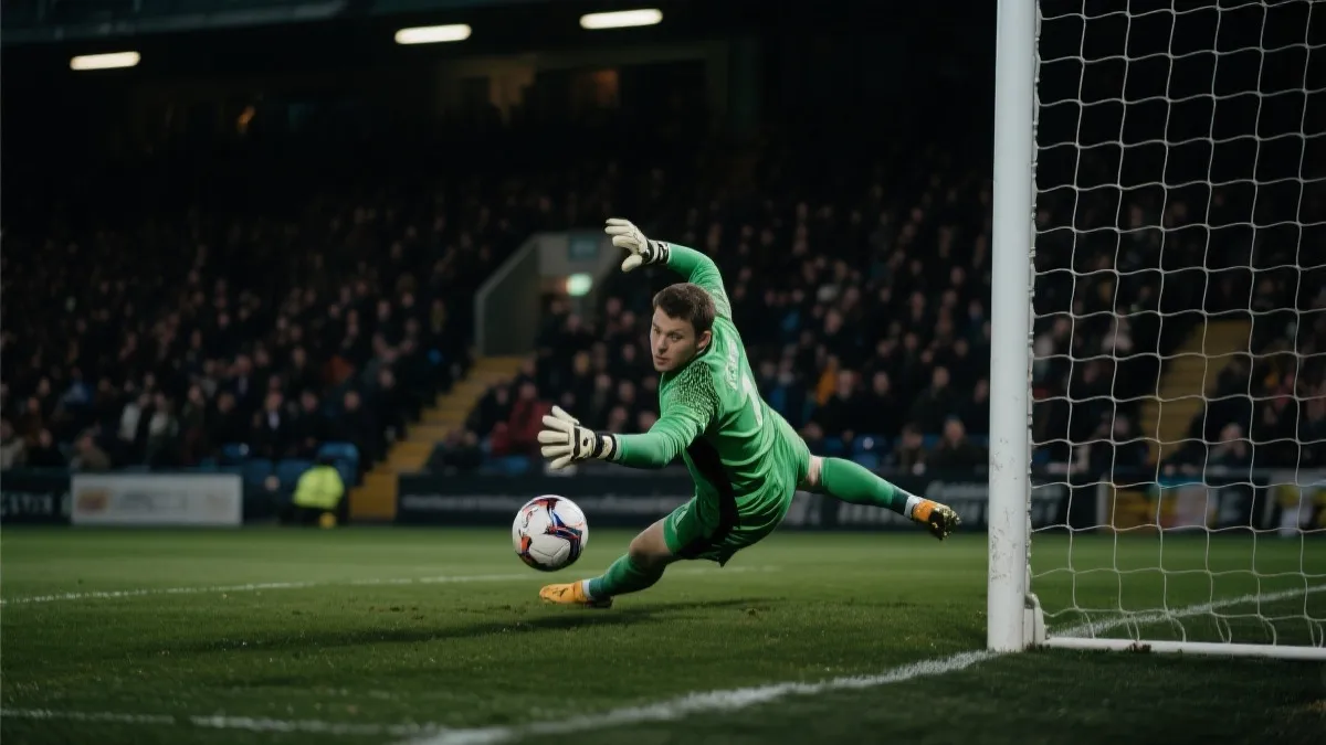 夜晚体育场的门将完成关键扑救，球迷情绪紧绷的瞬间